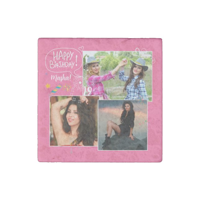 Custom Friend Happy Birthday Photo Collage  Stone Magnet (Front)
