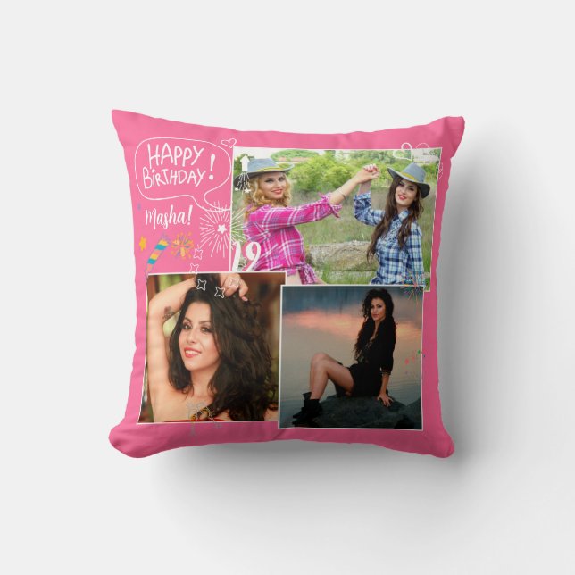 Custom Friend Happy Birthday Photo Collage  Throw Pillow (Front)
