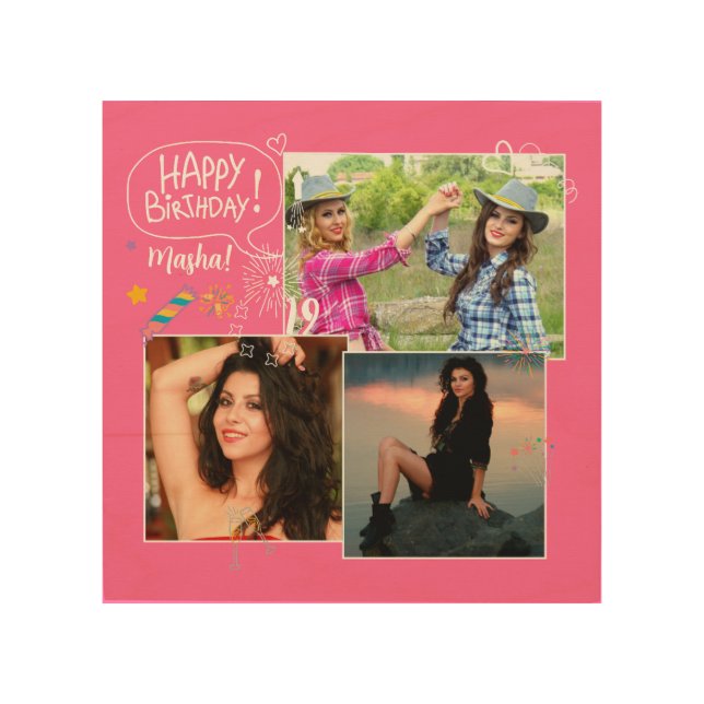 Custom Friend Happy Birthday Photo Collage  Wood Wall Art (Front)