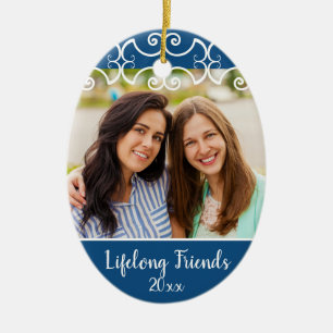 Custom Friends 2-Side Photo Classic Blue Christmas Ceramic Ornament