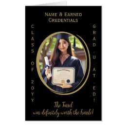Custom From All of Us Gold, Black Graduation Photo Card
