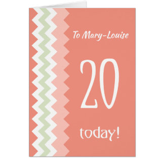 Custom Front 20th Birthday, Coral, Mint Chevrons Cards