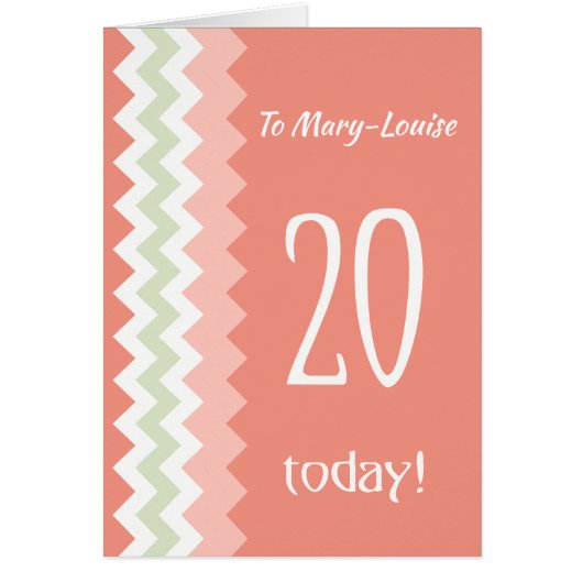 Custom Front 20th Birthday, Coral, Mint Chevrons Cards (Front)