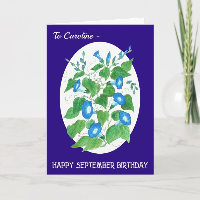 Custom Front Blue Morning Glory September Birthday Card (Front)
