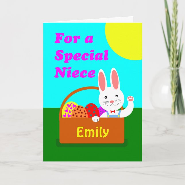Custom Front Easter for Niece, Add a Name, Bunny Holiday Card (Front)