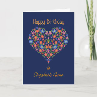 Custom Front Folk Art Floral Heart Birthday Card