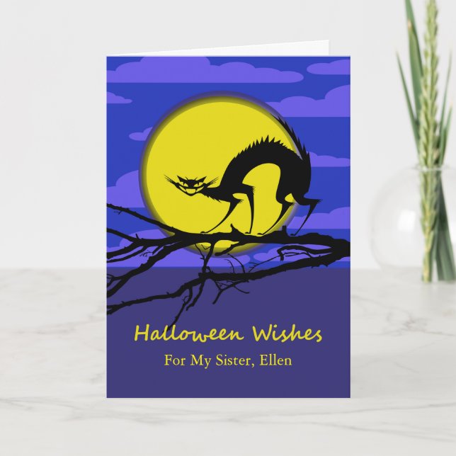 Custom Front Halloween for Sister, Cat on Branch Card (Front)