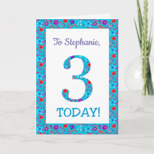 Custom Front Pretty Floral 3rd Birthday Card Blue