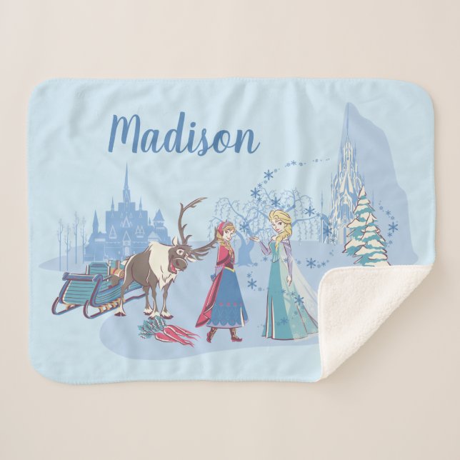 Custom Frozen | Sven, Anna, Elsa & Olaf Blue Sherpa Blanket (Front (Horizontal))