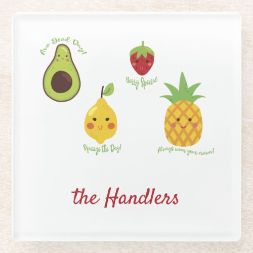 Custom Fruity Avocado Lemon Strawberry Pineapple   Glass Coaster