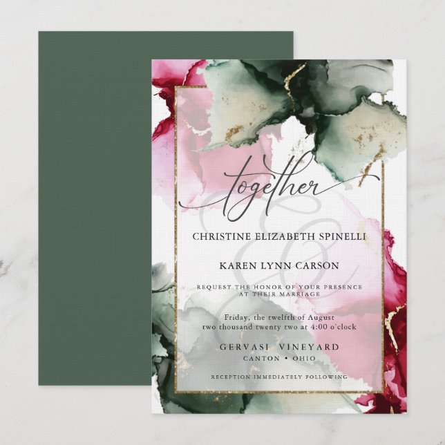 CUSTOM Fuchsia and Sage Green Watercolor  Invitation (Front/Back)