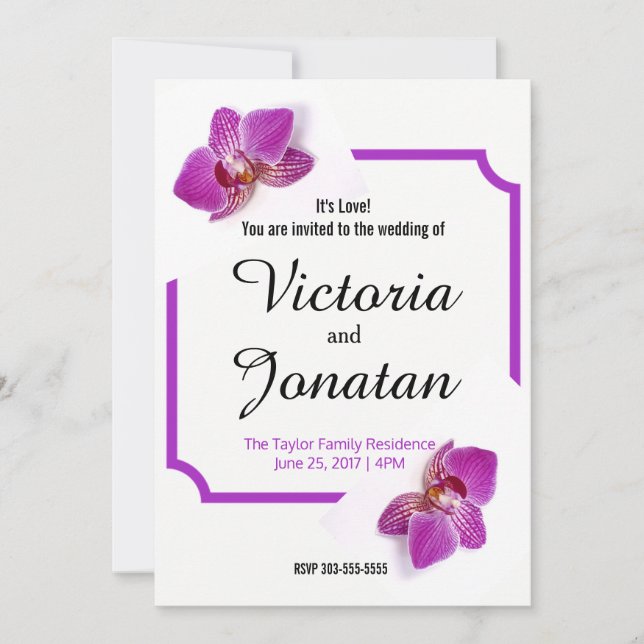 Custom Fuchsia Invitation w Orchids for Wedding (Front)