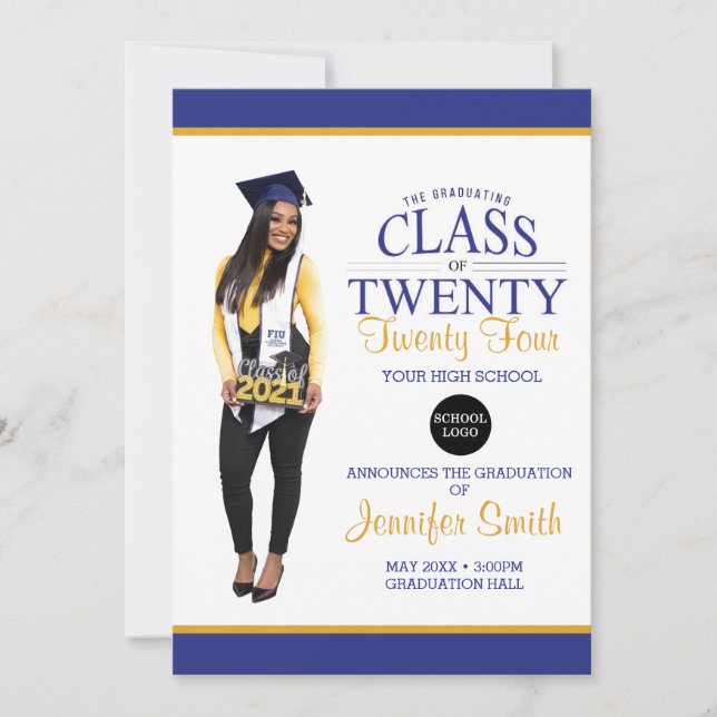 Custom Full Body Photo Blue and Yellow Graduation Invitation (Front)