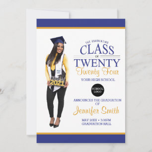 Custom Full Body Photo Blue and Yellow Graduation Invitation