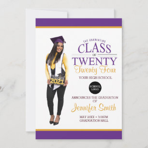 Custom Full Body Photo Purple and Gold Graduation Invitation