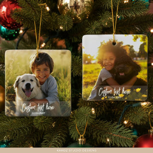 Custom Full Two Photo Script Text Christmas Ceramic Ornament