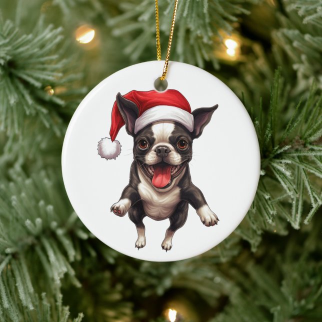 Custom Fun Boston Terrier Christmas Dog Ceramic Ornament (Tree)