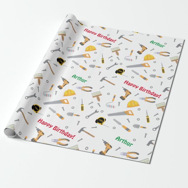 Custom Fun cartoon DIY tools white wrapping paper (Unrolled)