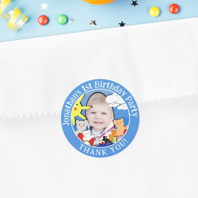 Custom Fun Cute Animals Birthday Thank You Classic Round Sticker (Creator Uploaded)