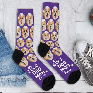 Custom Fun DOG MOM Cute Pattern Purple Pet Photo Socks