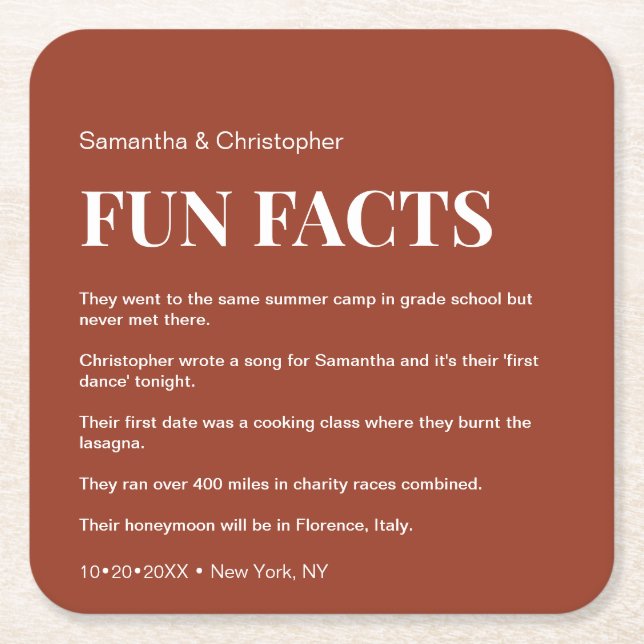 Custom fun fact list Wedding  Square Orange Paper Coaster (Front)