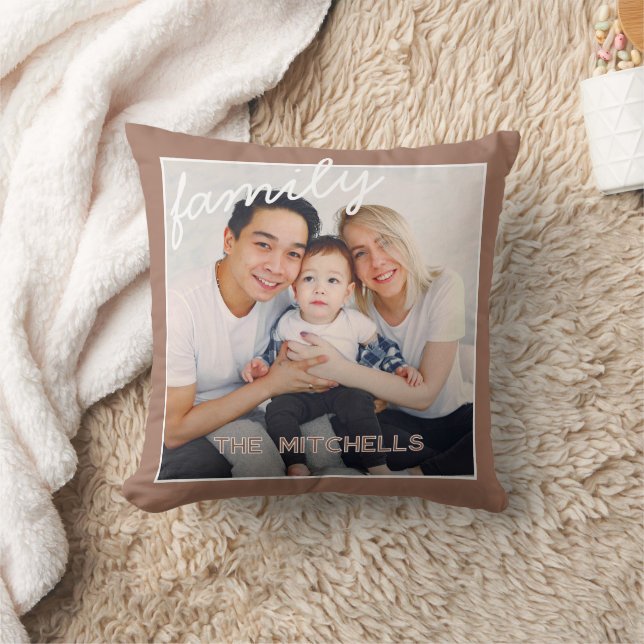 Custom Fun Family Picture On Mocca Mousse Brown Throw Pillow (Blanket)