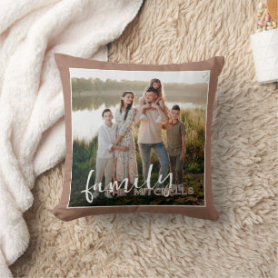 Custom Fun Family Picture On Mocca Mousse Brown Throw Pillow