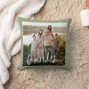 Custom Fun Family Picture On Olive Green Throw Pillow