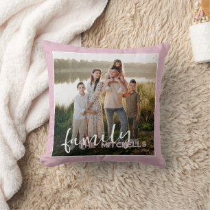 Custom Fun Family Picture On Pastel Mauve Pink Throw Pillow
