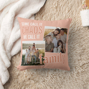 Custom Fun Family Picture On Pastel Peach Orange Throw Pillow