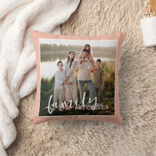 Custom Fun Family Picture On Pastel Peach Orange Throw Pillow