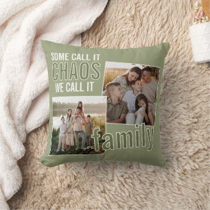 Custom Fun Family Pictures On Olive Green Throw Pillow