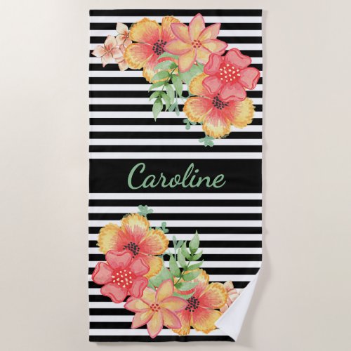 Custom Fun Floral Watercolor Cute Stripes Pattern Beach Towel