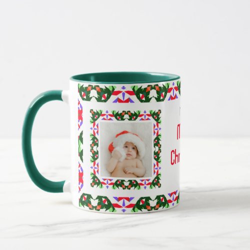 Custom Fun Jolly Christmas Green Pattern Photo Tea Mug