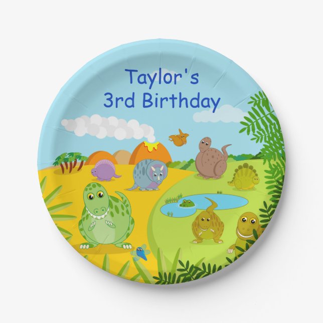 CUSTOM, fun Jurassic cute dinosaur cartoon design: Paper Plates (Front)