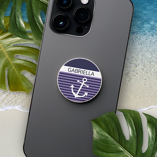 Custom Fun Navy Blue White Lavender Purple Striped PopSocket (Creator Uploaded)