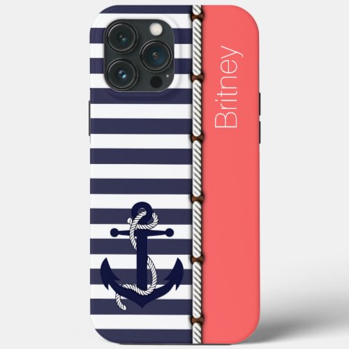 Custom Fun Navy Blue White Stripe Coral Blush Pink iPhone 13 Pro Max Case