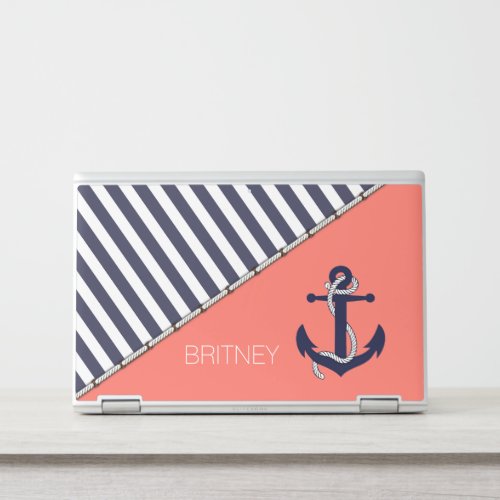 Custom Fun Navy Blue White Stripe Coral Red Pink HP Laptop Skin