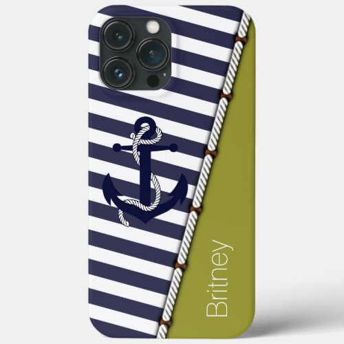 Custom Fun Navy Blue White Stripe Dark Sage Green iPhone 13 Pro Max Case