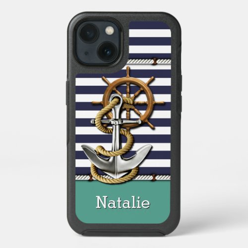 Custom Fun Navy Blue White Stripe Teal Green iPhone 13 Case