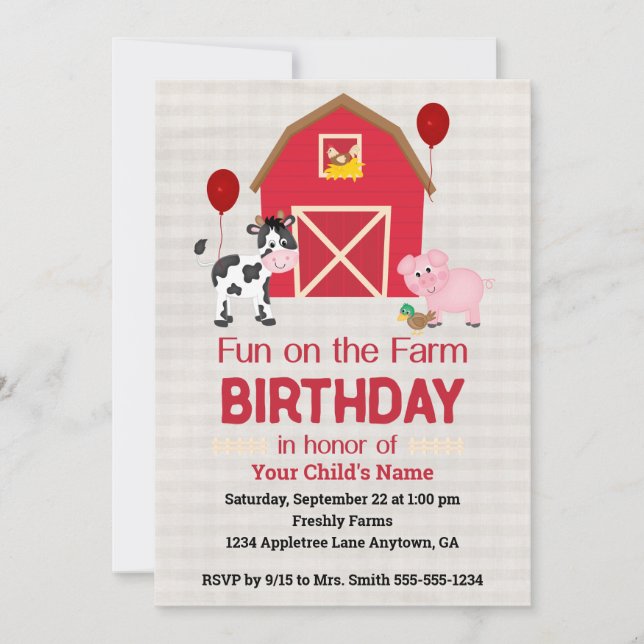Custom Fun on the Farm Birthday Gingham  Invitation (Front)