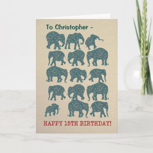 Custom Fun Paisley Elephants 15th Birthday Card