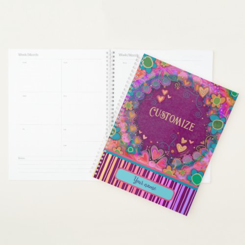 Custom Fun Personalized Name Purple Floral Stripe  Planner