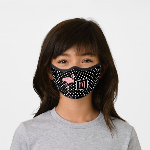 Custom Fun Pink Flamingo White Polka Dots On Black Premium Face Mask