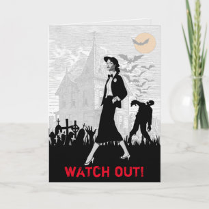 Custom Fun Retro Zombie Halloween Female Birthday Card