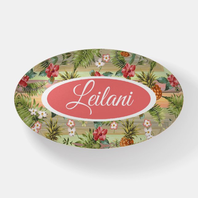 Custom Fun Tropical Pineapple Fruit Floral Pattern Paperweight (Front)