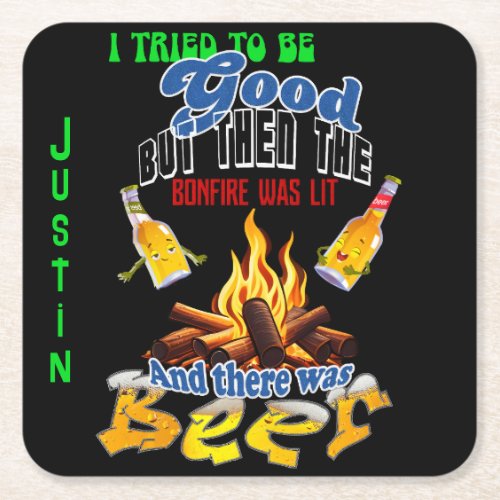 Custom Funny Beer Bonfire Humor Camping Square Paper Coaster