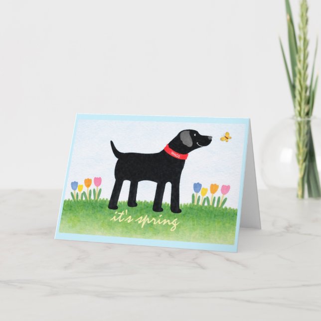Custom Funny Black Dog Spring Greeting Card (Front)