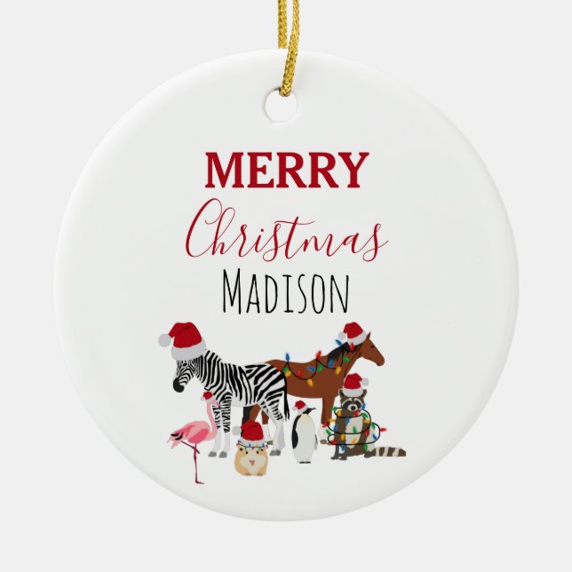 Custom Funny Christmas Animals Santa Hats Lights Ceramic Ornament (Front)