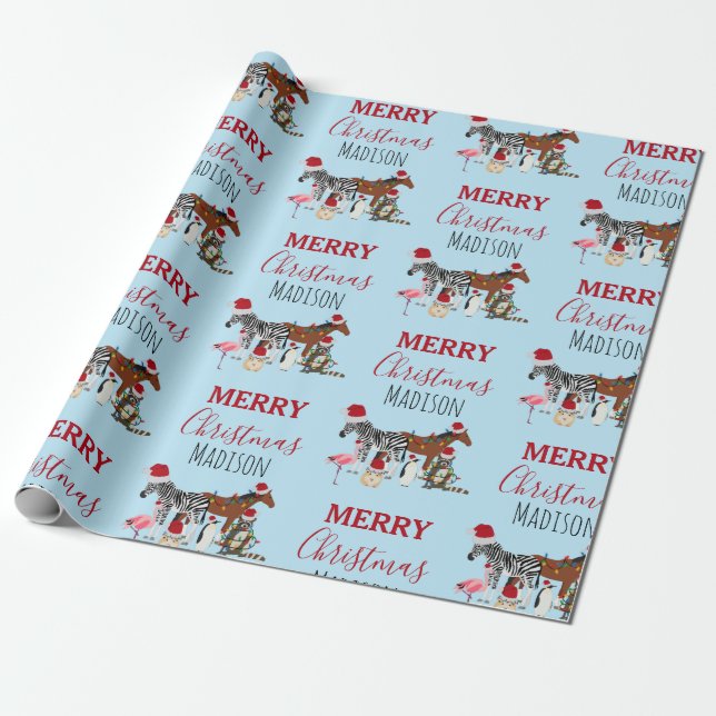 Custom Funny Christmas Animals Santa Hats Lights Wrapping Paper (Unrolled)